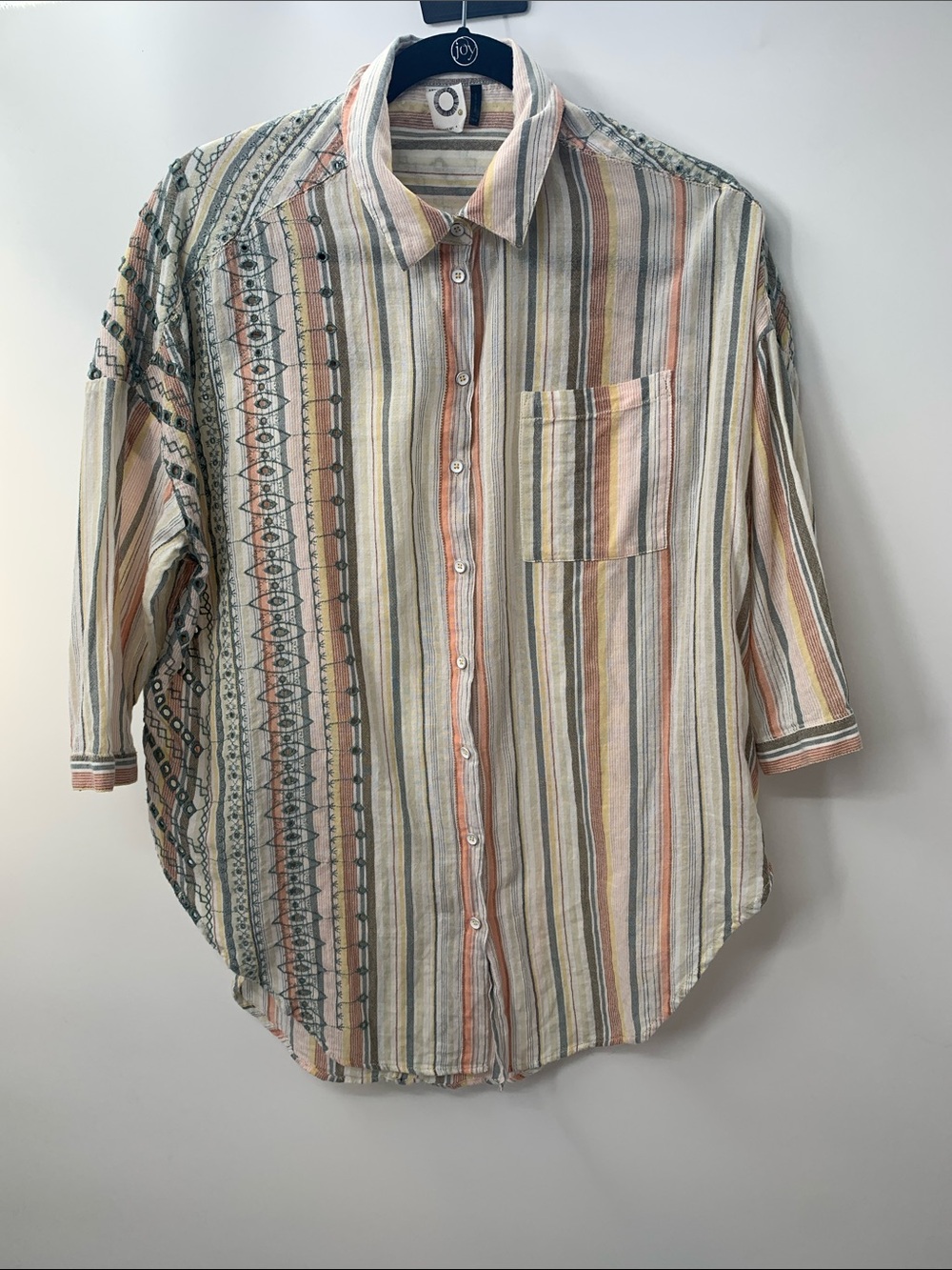 Anthropologie Women's Striped Cotton Embriory Oversized Button-Down Shirt  XS/S